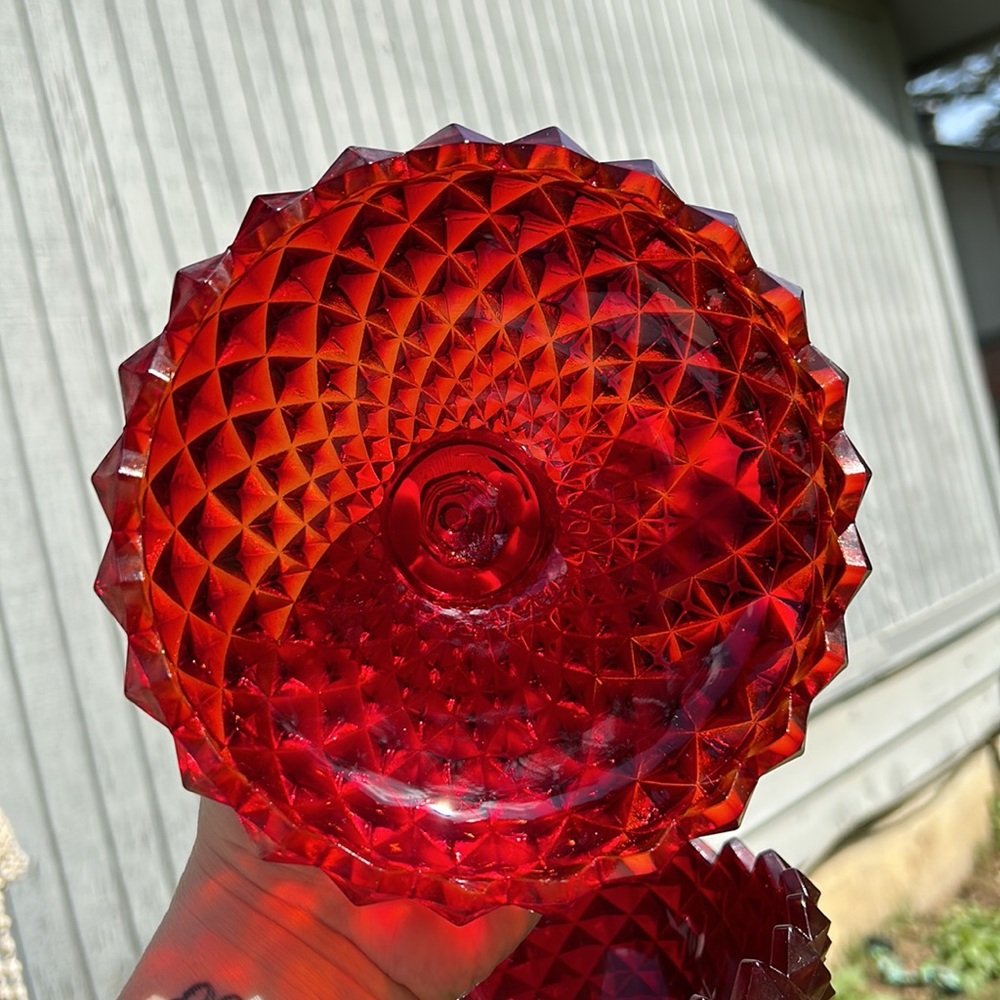 Vintage Westmoreland Ruby Red Glass Sawtooth Pattern Covered Compote GLOWS - Picture 5 of 14